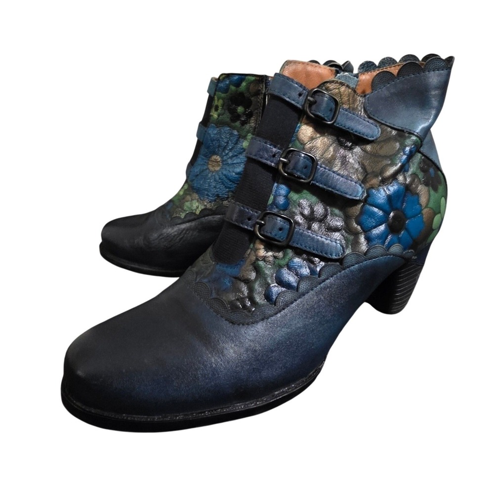 L'Artiste Spring Step Floral Leather Ankle Boots Womens EU 42 US 10.5 11 Blue